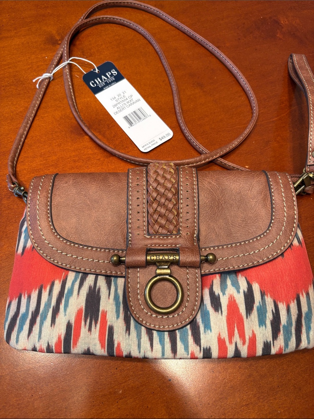 Chaps Brown Crossbody Bag with Coral, Navy and Cream Ikat Print